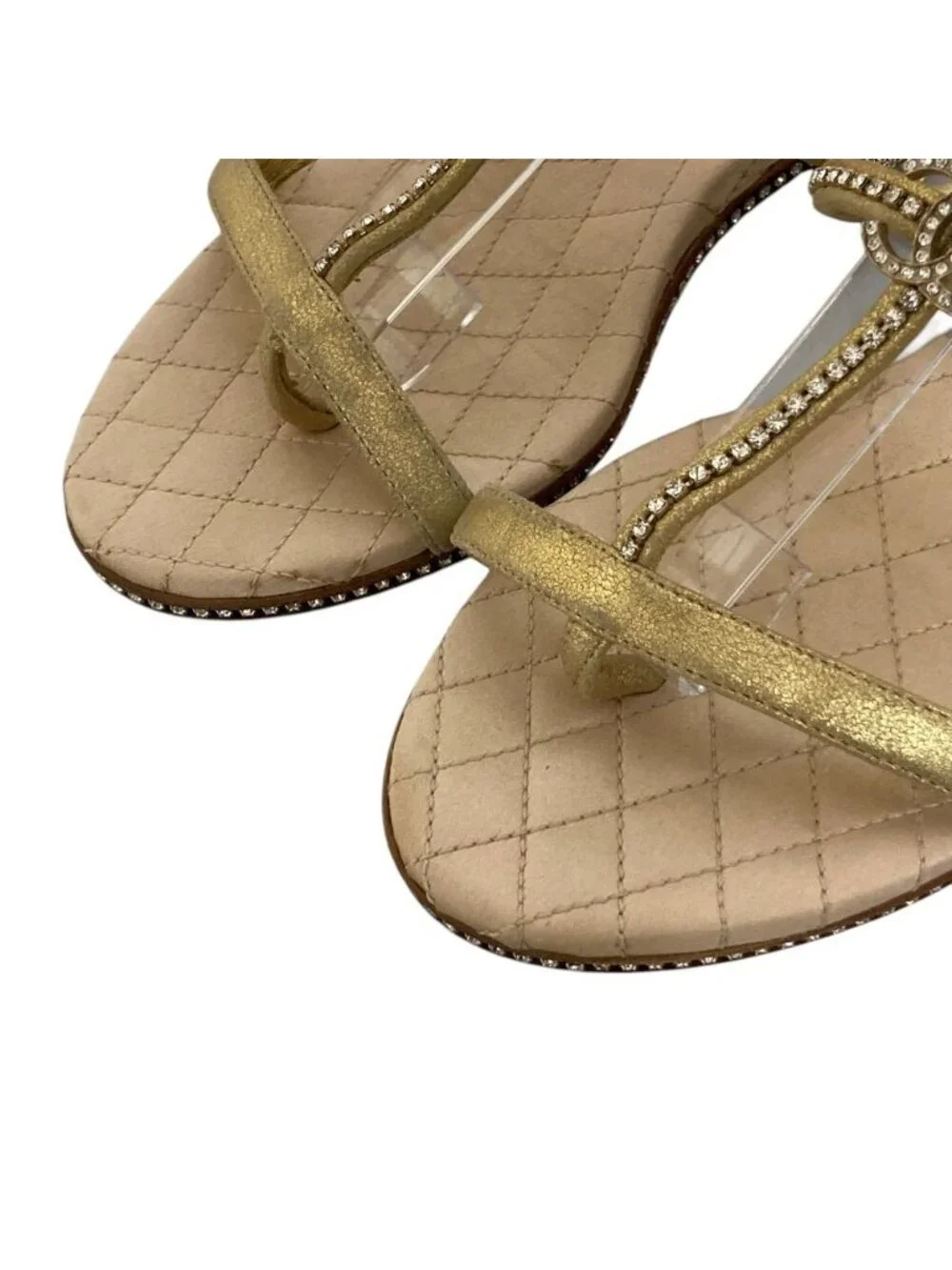 Chanel CC Logo Rhinestone Ankle Strap Flat Sandals 37C Gold